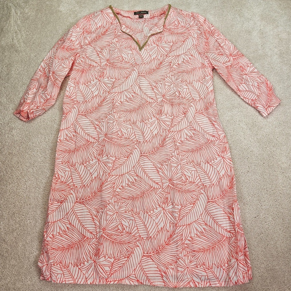 Tommy Bahama XL 100% Linen Resortcore Coastal Coral Palm Leaf Boho Beaded Neck
